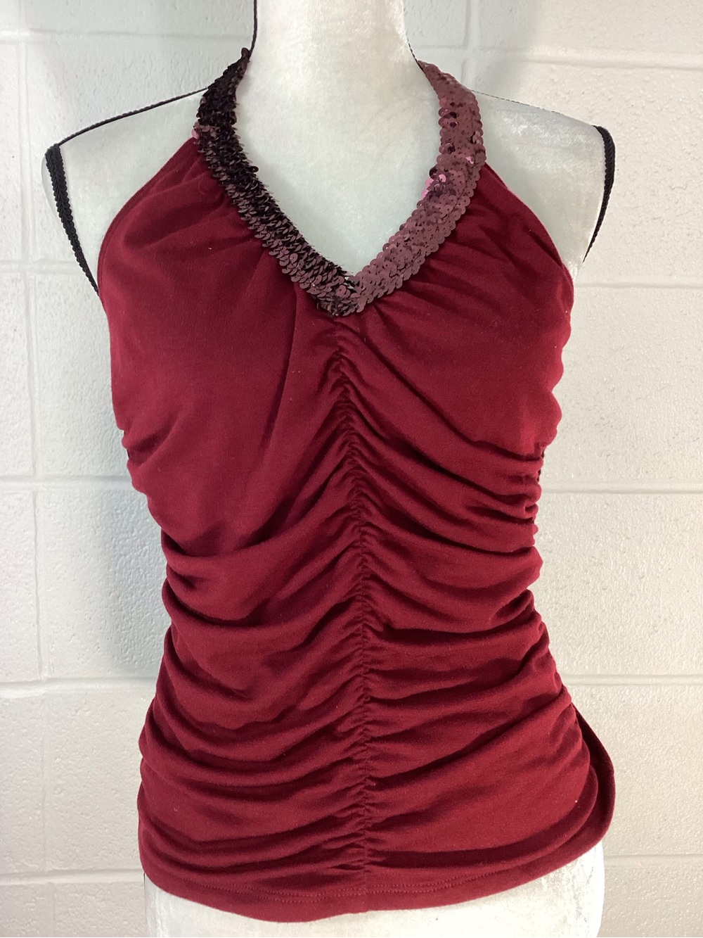 Women’s‎ Burgundy Ruched Stretch Sequin Trim Halter Top Made In USA Large NWT